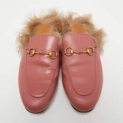 Gucci Pink Leather and Fur Princetown Mules Size 38
