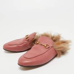 Gucci Pink Leather and Fur Princetown Mules Size 38