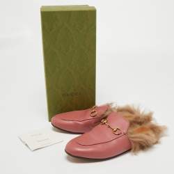 Gucci Pink Leather and Fur Princetown Mules Size 38