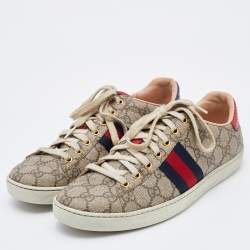 Gucci Beige/Brown GG Supreme Canvas Ace Web Sneakers Size 39