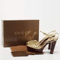Gucci Metallic Gold Leather Platform Ankle Strap Sandals Size 38.5 