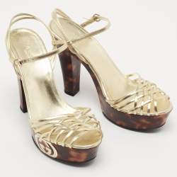 Gucci Metallic Gold Leather Platform Ankle Strap Sandals Size 38.5 