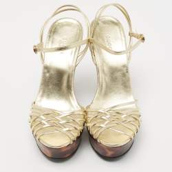 Gucci Metallic Gold Leather Platform Ankle Strap Sandals Size 38.5 
