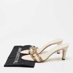 Gucci Off White Leather and GG Canvas Buckle Detail Slide Sandals Size 37