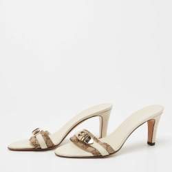 Gucci Off White Leather and GG Canvas Buckle Detail Slide Sandals Size 37