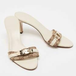 Gucci Off White Leather and GG Canvas Buckle Detail Slide Sandals Size 37