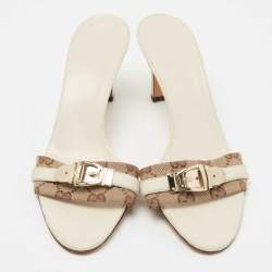 Gucci Off White Leather and GG Canvas Buckle Detail Slide Sandals Size 37