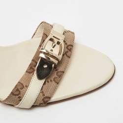 Gucci Off White Leather and GG Canvas Buckle Detail Slide Sandals Size 37