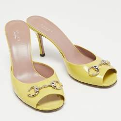 Gucci Yellow Patent Leather Horsebit Open Toe Slide Sandals Size 39.5