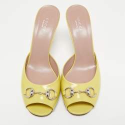 Gucci Yellow Patent Leather Horsebit Open Toe Slide Sandals Size 39.5