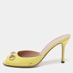 Gucci Yellow Patent Leather Horsebit Open Toe Slide Sandals Size 39.5