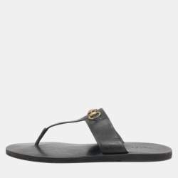 Pre Owned Gucci Black Leather Horsebit Thong Flats Size 37.5