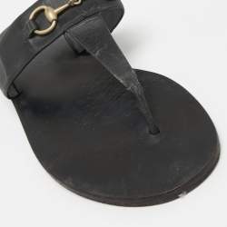 Pre Owned Gucci Black Leather Horsebit Thong Flats Size 37.5
