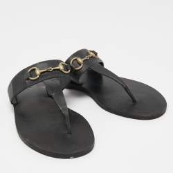 Pre Owned Gucci Black Leather Horsebit Thong Flats Size 37.5