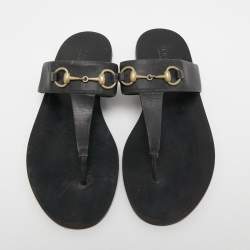Pre Owned Gucci Black Leather Horsebit Thong Flats Size 37.5