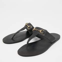 Pre Owned Gucci Black Leather Horsebit Thong Flats Size 37.5