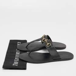 Pre Owned Gucci Black Leather Horsebit Thong Flats Size 37.5