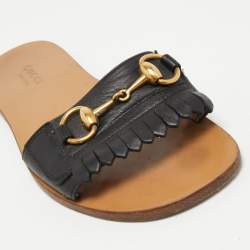 Gucci Black Leather Varadero Horsebit Flat Slides Size 36