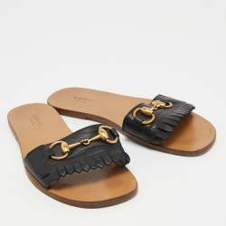 Gucci Black Leather Varadero Horsebit Flat Slides Size 36