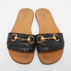 Gucci Black Leather Varadero Horsebit Flat Slides Size 36