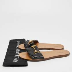 Gucci Black Leather Varadero Horsebit Flat Slides Size 36