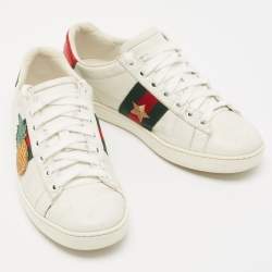 Pre Owned Gucci White Leather Embroidered Ladybug and Pineapple Ace Sneakers Size 35