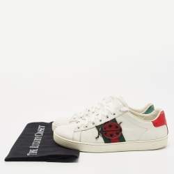 Pre Owned Gucci White Leather Embroidered Ladybug and Pineapple Ace Sneakers Size 35