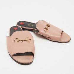 Pre Owned Gucci Pink Leather Malaga Horsebit Flat Slides Size 39