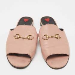 Pre Owned Gucci Pink Leather Malaga Horsebit Flat Slides Size 39