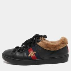 Gucci Black Leather and Fur Ace Embroidered Bee Low Top Sneakers Size 36.5