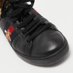 Gucci Black Leather and Fur Ace Embroidered Bee Low Top Sneakers Size 36.5