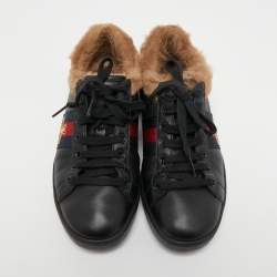 Gucci Black Leather and Fur Ace Embroidered Bee Low Top Sneakers Size 36.5