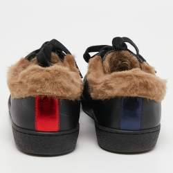 Gucci Black Leather and Fur Ace Embroidered Bee Low Top Sneakers Size 36.5
