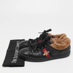 Gucci Black Leather and Fur Ace Embroidered Bee Low Top Sneakers Size 36.5