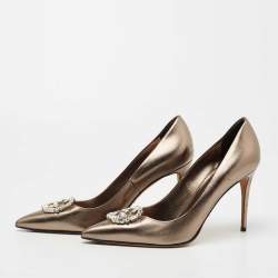 Pre Owned Gucci Metallic Leather Crystal Embellished GG Pumps Size 39.5