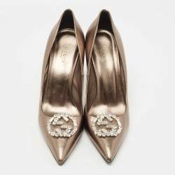 Pre Owned Gucci Metallic Leather Crystal Embellished GG Pumps Size 39.5