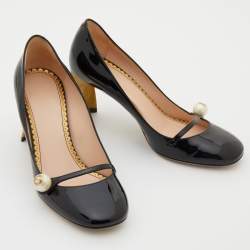 Pre Owned Gucci Black Patent Leather Vernice Pearl Arielle Mary Jane Pumps Size 36.5