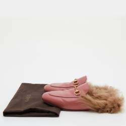 Gucci Pink Leather and Fur Horsebit Princetown Flat Mules Size 38