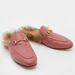 Gucci Pink Leather and Fur Horsebit Princetown Flat Mules Size 38