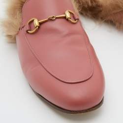Gucci Pink Leather and Fur Horsebit Princetown Flat Mules Size 38