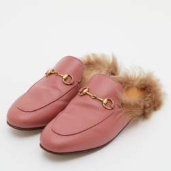 Gucci Pink Leather and Fur Horsebit Princetown Flat Mules Size 38