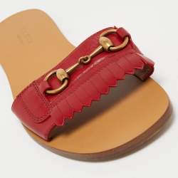 Pre Owned Gucci Red Leather Fringe Horsebit Flat Slides Size 38.5