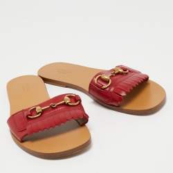 Pre Owned Gucci Red Leather Fringe Horsebit Flat Slides Size 38.5