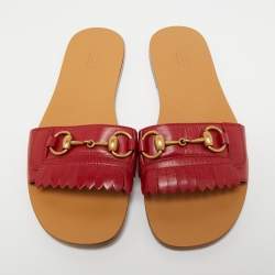 Pre Owned Gucci Red Leather Fringe Horsebit Flat Slides Size 38.5