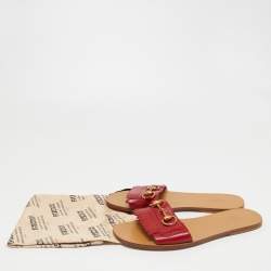 Pre Owned Gucci Red Leather Fringe Horsebit Flat Slides Size 38.5