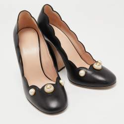 Gucci Black Leather GG Pearl Detail Pumps Size 38