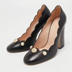 Gucci Black Leather GG Pearl Detail Pumps Size 38