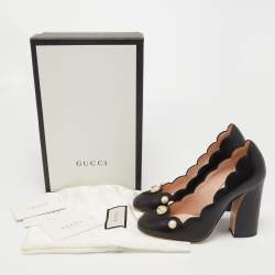Gucci Black Leather GG Pearl Detail Pumps Size 38