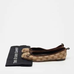 Pre Owned Gucci Beige/Brown GG Canvas Bow Ballet Flats Size 37