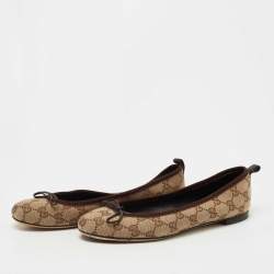 Pre Owned Gucci Beige/Brown GG Canvas Bow Ballet Flats Size 37